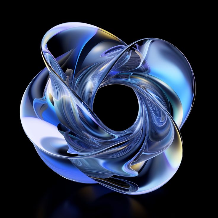 Escultura digital metálica en tonos azules sobre fondo negro.
